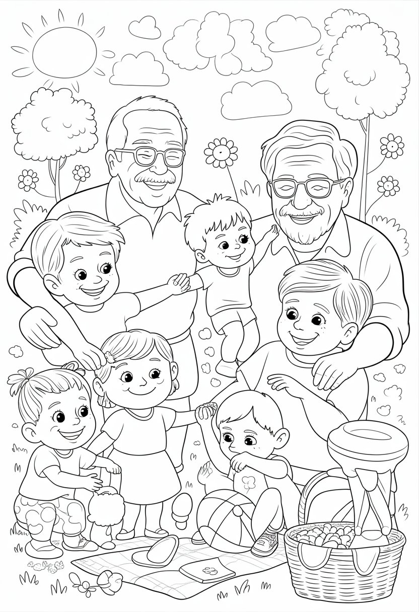 I Love My Family Coloring Pages List of 13 Fun and Educational Designs 27 Grandparents and grandchildren happily spending time together outdoors, holding hands and playing surrounded by trees, flowers, and toys.